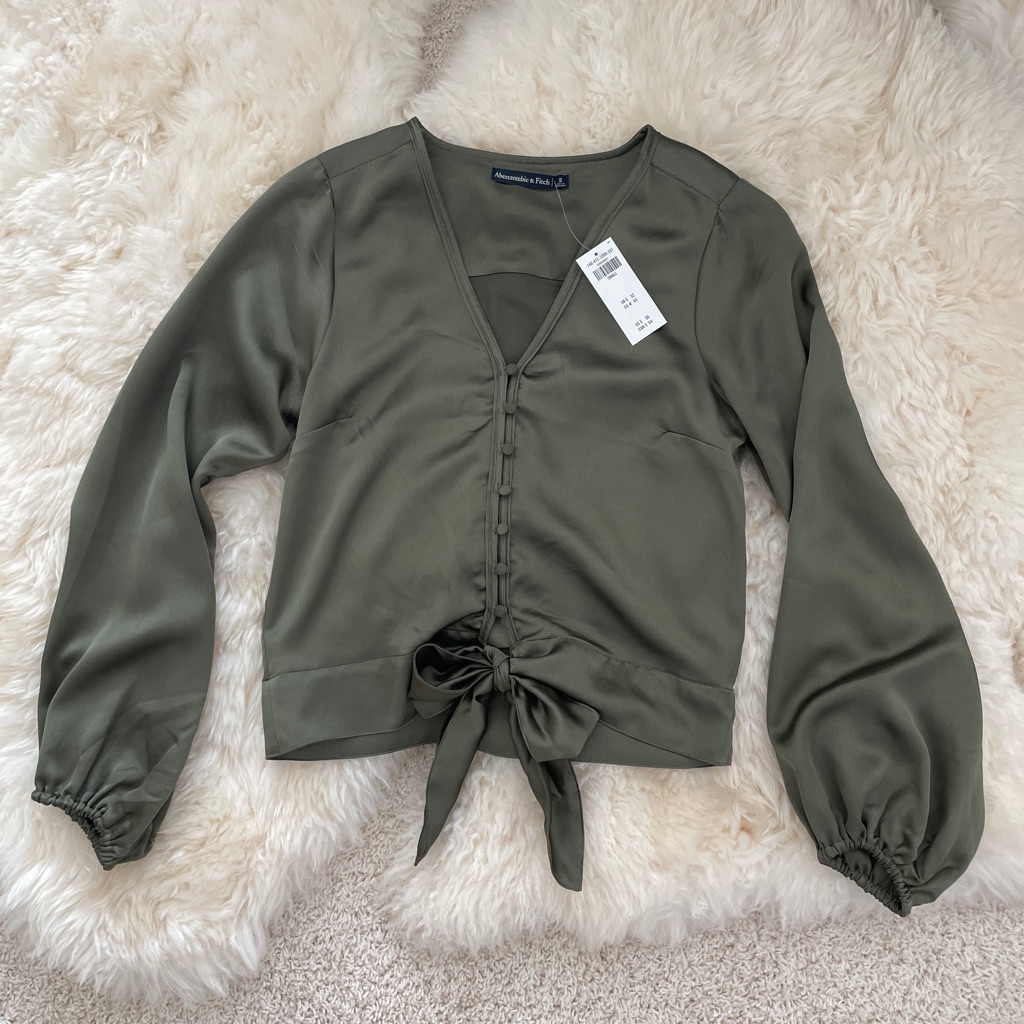 Nwt Abercrombie Olive Green Satin Bow Tie Blouse S
